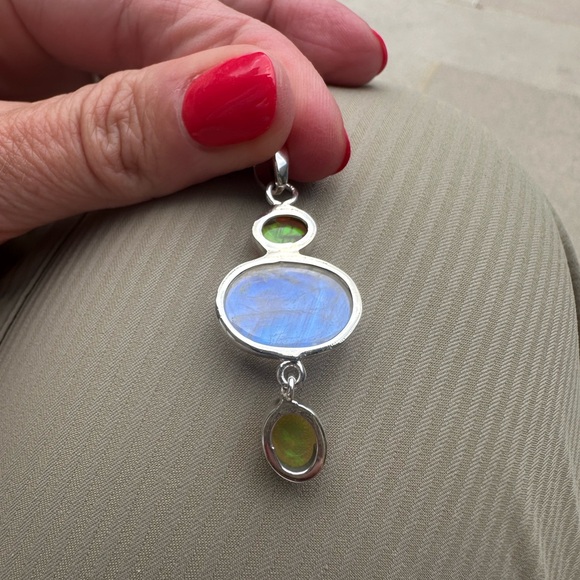 Elegant sterling Silver with Blue Flash Moonstone and Ethiopian Opals in Pendant - Picture 4 of 5